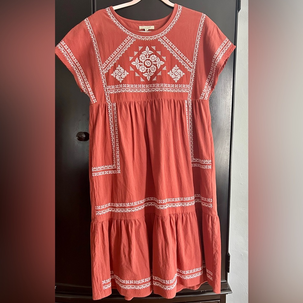 Medium Polagram Boho Terracotta Midi Dress with Pockets and Embroidered accents